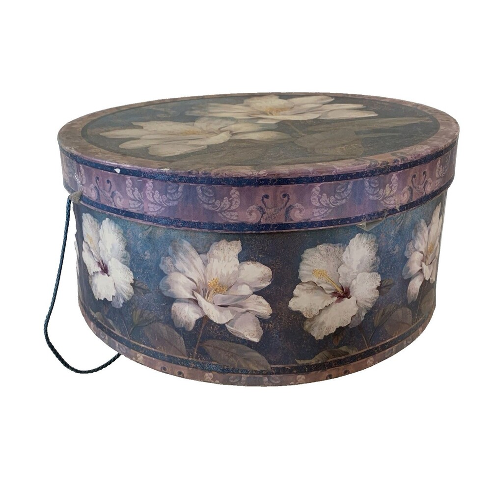 Vintage MCM Round Hat Box Light Blue Gold Lid Rope Handle Shabby Chic
